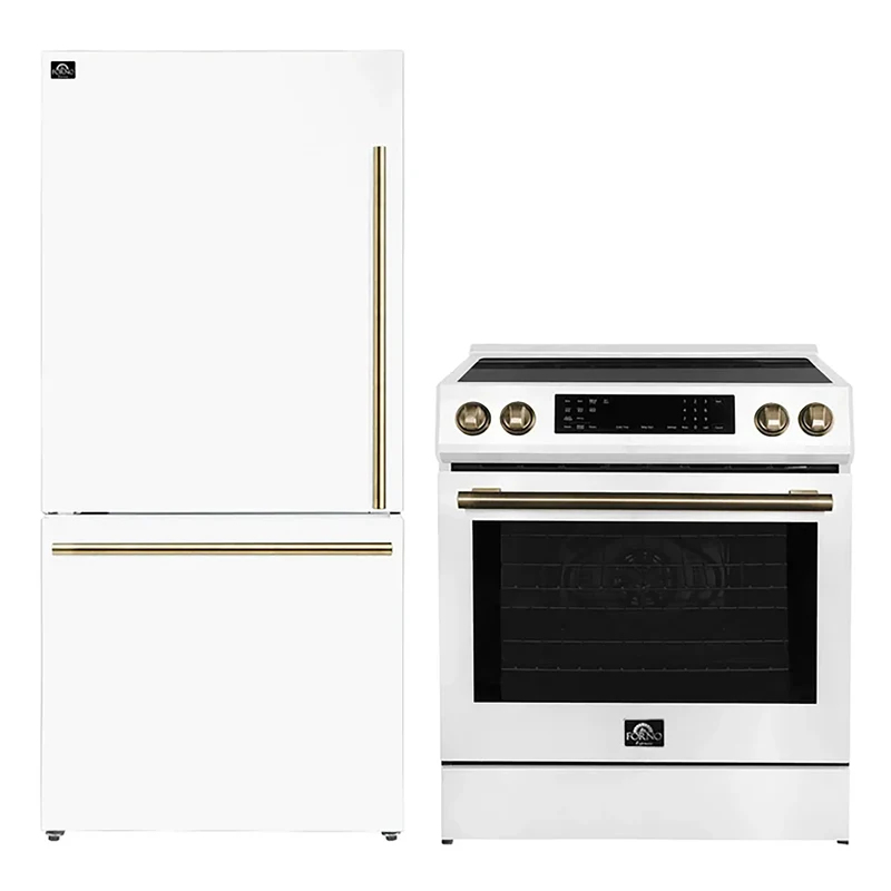 FORNO 2-Piece White Kitchen Bundle - 30" Induction Range and 31" Bottom Freezer Refrigerator