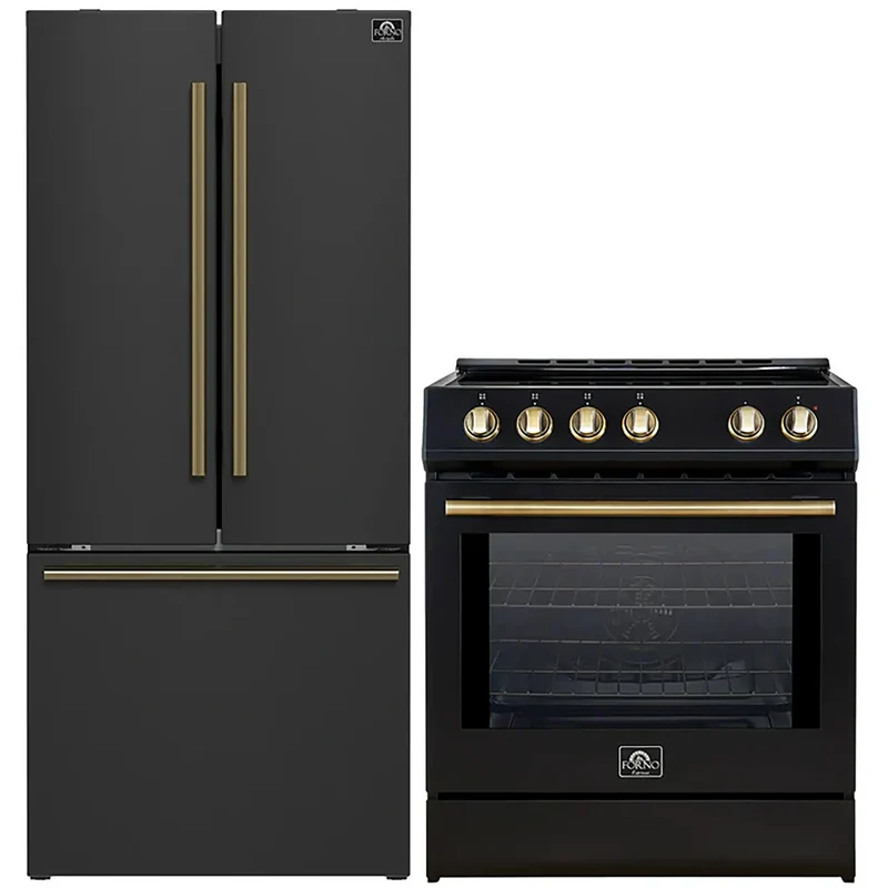 FORNO 2-Piece Black Kitchen Bundle - 30" Induction Range and 31" Bottom Freezer Refrigerator