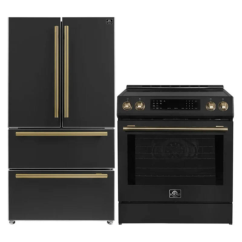 FORNO 2-Piece Black Kitchen Bundle - 30" Induction Range and 36" Bottom Freezer Refrigerator