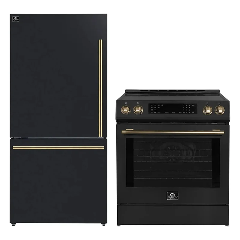 FORNO 2-Piece Black Kitchen Bundle - 30" Induction Range and 31" Bottom Freezer Refrigerator