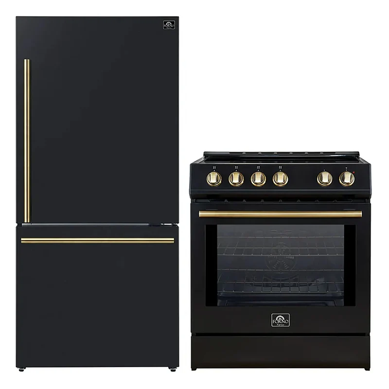 FORNO 2-Piece Black Kitchen Bundle - 30" Induction Range and 31" Bottom Freezer Refrigerator