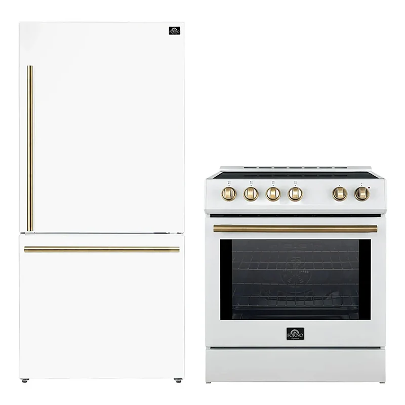 FORNO 2-Piece White Kitchen Bundle - 30" Induction Range and 31" Bottom Freezer Refrigerator