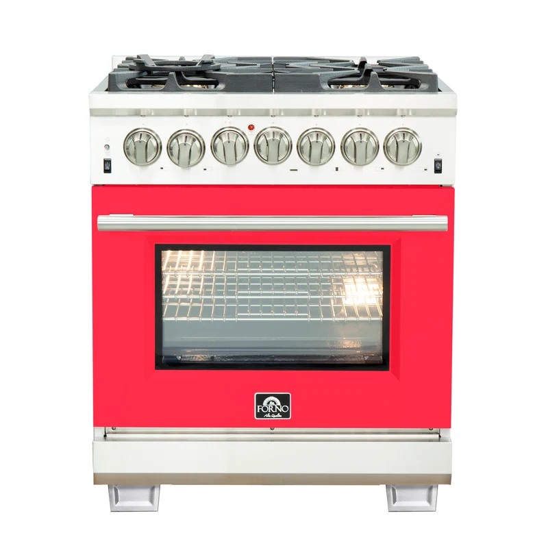 Forno Capriasca 30-Inch Freestanding Dual Fuel Range, 4 Burners, True Convection Oven, Red Door