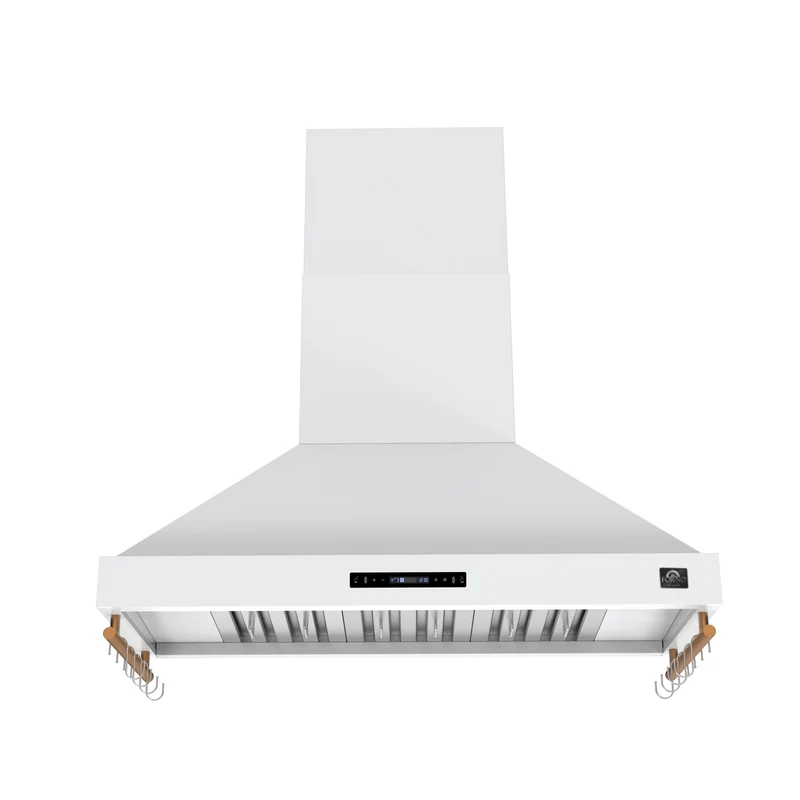 Forno Venezia 48 Inch Wall-Mounted Range Hood in White with Antique Brass Accessories, Touch Controls and Baffle Filters