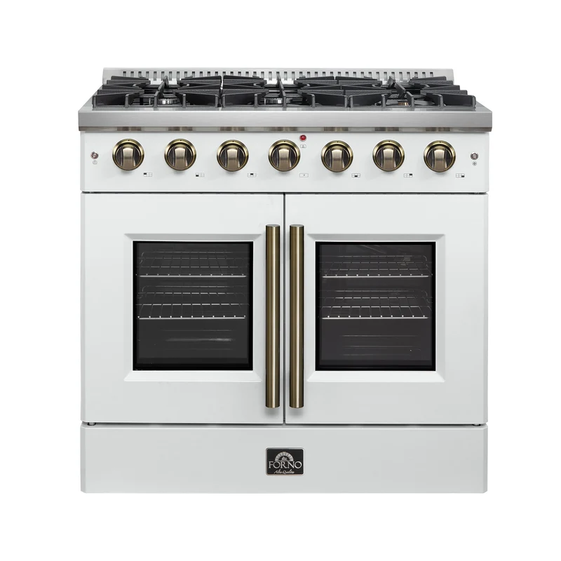 Forno Galiano 36-inch French Door Gas Range White and Antique Brass Design, 6 Sealed Burners 83,000 BTU, 5.36 cu.ft. Convection Oven