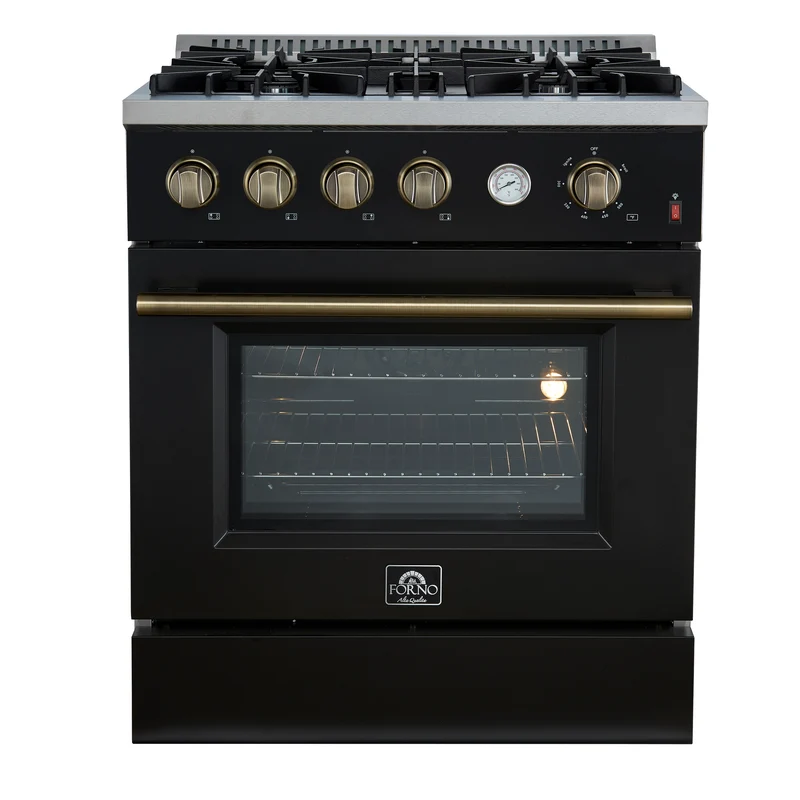 Marco 30-inch Gas Range Black & Antique Brass Design, 4 Burners 37,000 BTU, 4.32 cu.ft. Convection Oven