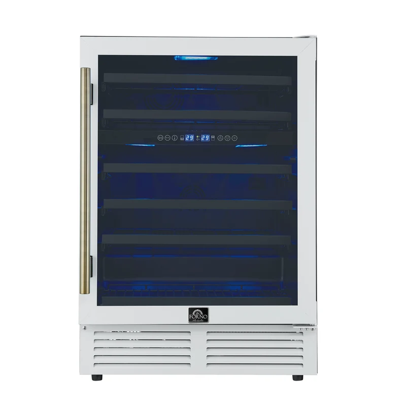 Forno Bacchino 24 Inch Wine Cooler, White with Antique Brass Handles, with LED Lighting, Triple Glass Door, 51 Bottle Capacity, Built-In or Freestanding