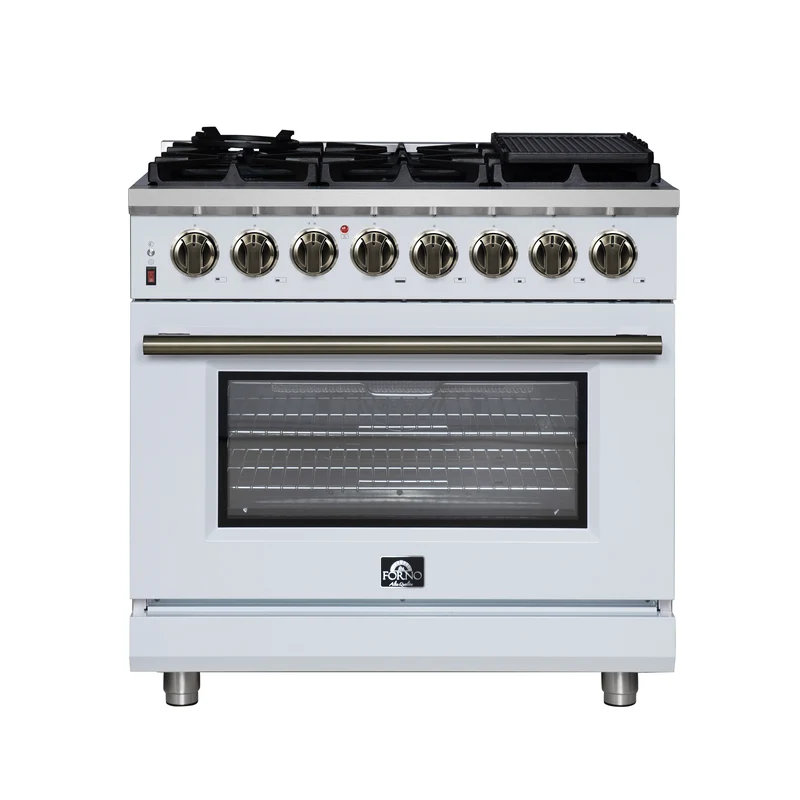 Forno Massimo 36 Inch Freestanding Dual Fuel Range in White with Antique Brass Accessories, 6 Burners, 5.36 cu. ft. Convection Oven