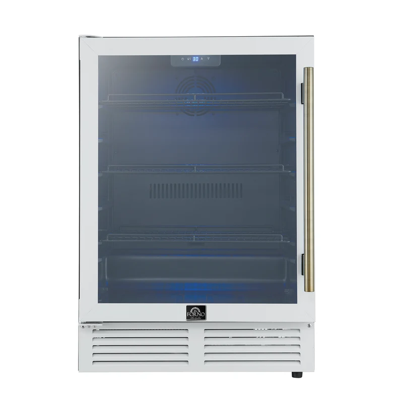 Forno Frescolino 24 Inch Beverage Cooler, White with Antique Brass Handles, with LED Lighting, Triple Glass Door, 188 Can Capacity, Built-In or Freestanding
