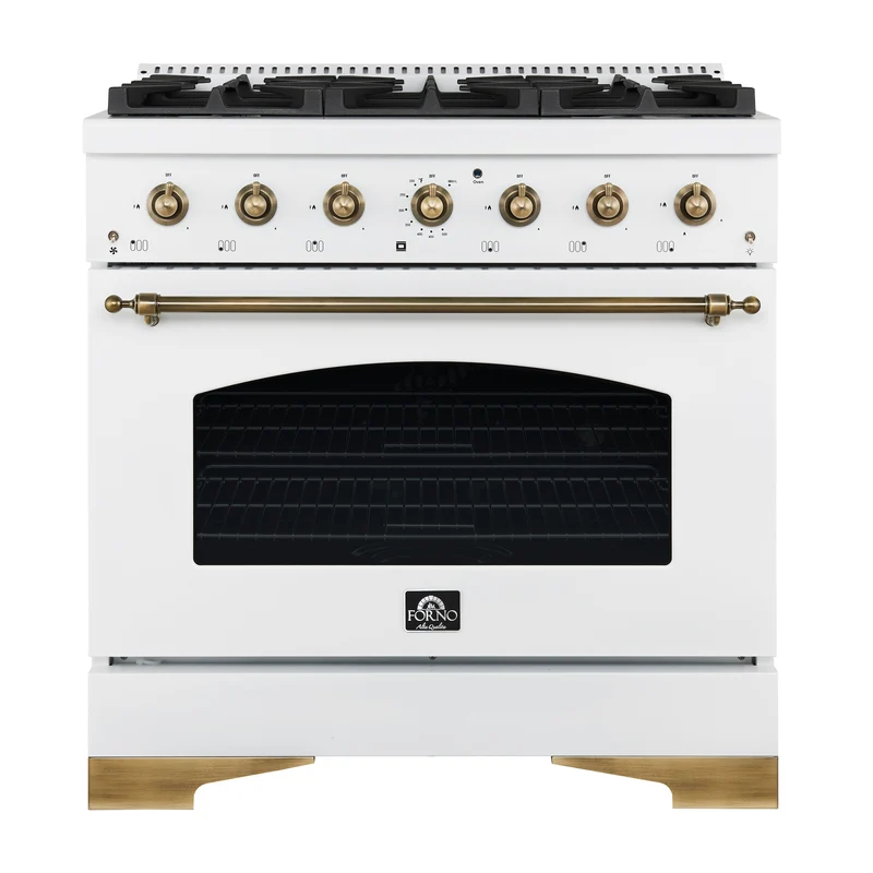 Forno Antico 36-inch Dual Fuel Range White and Antique Brass Design with 6 Sealed Gas Burners and Electric Convection Oven
