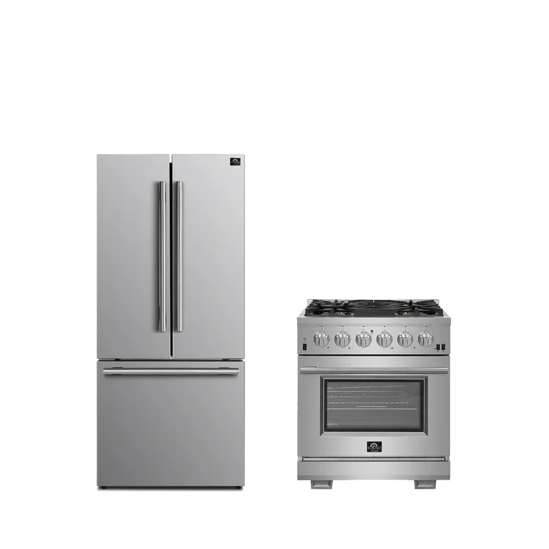 FORNO Premium 2-Piece Kitchen Bundle - Capriasca 30" Stainless Steel Range, Forno Gallipoli 30" French Door Refrigerator with Bottom Freezer 17.5 cu. ft Capacity - FBDL-019-01CAUS