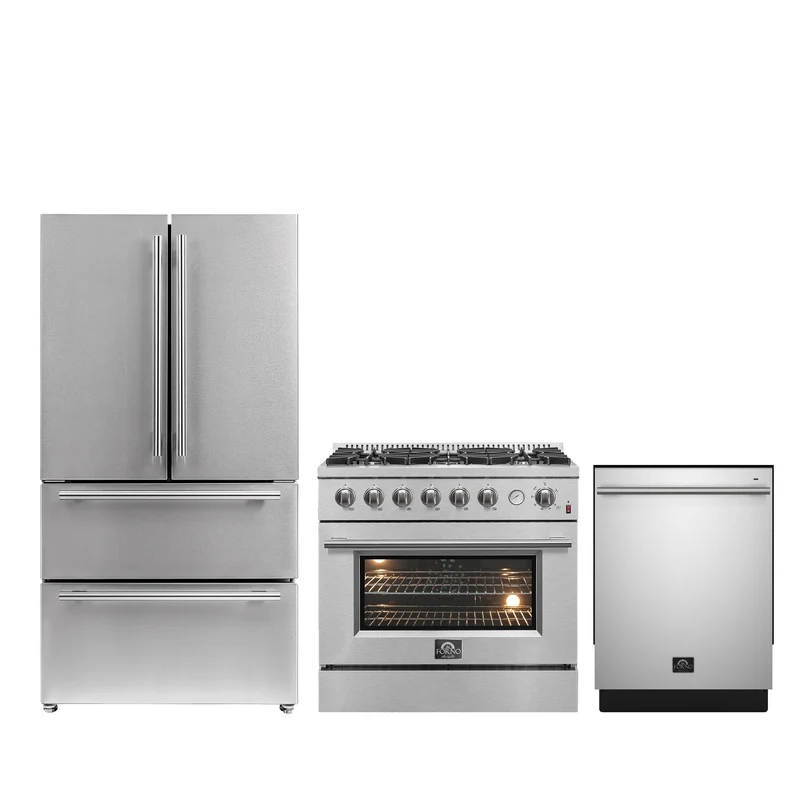 FORNO Premium 3-Piece Kitchen Bundle - 36" Gas Range, French Door Refrigerator, Built-In Dishwasher, Stainless Steel - FBDL-009-01CAUS