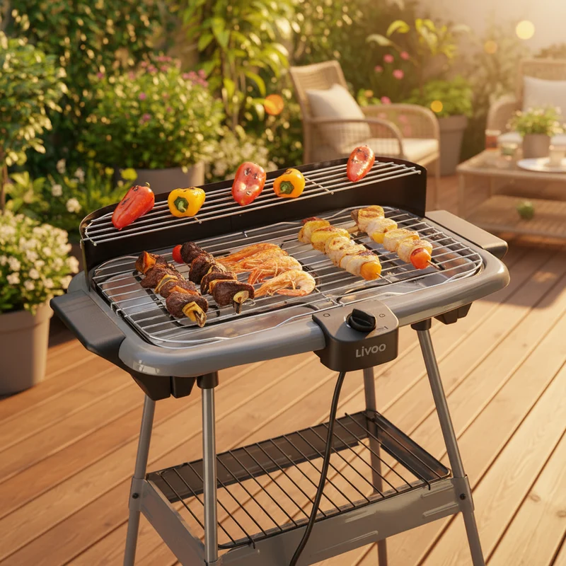 LIVOO BARBECUE ELECTRIQUE SUR PIEDS OU TABLE 2000W GRIS ET VERT KAKI
