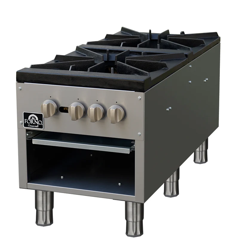 Forno Commerciale gas stock pot range, 2 powerful 3-ring burners, 160,000?BTU, durable stainless steel, heavy-duty cast iron grates