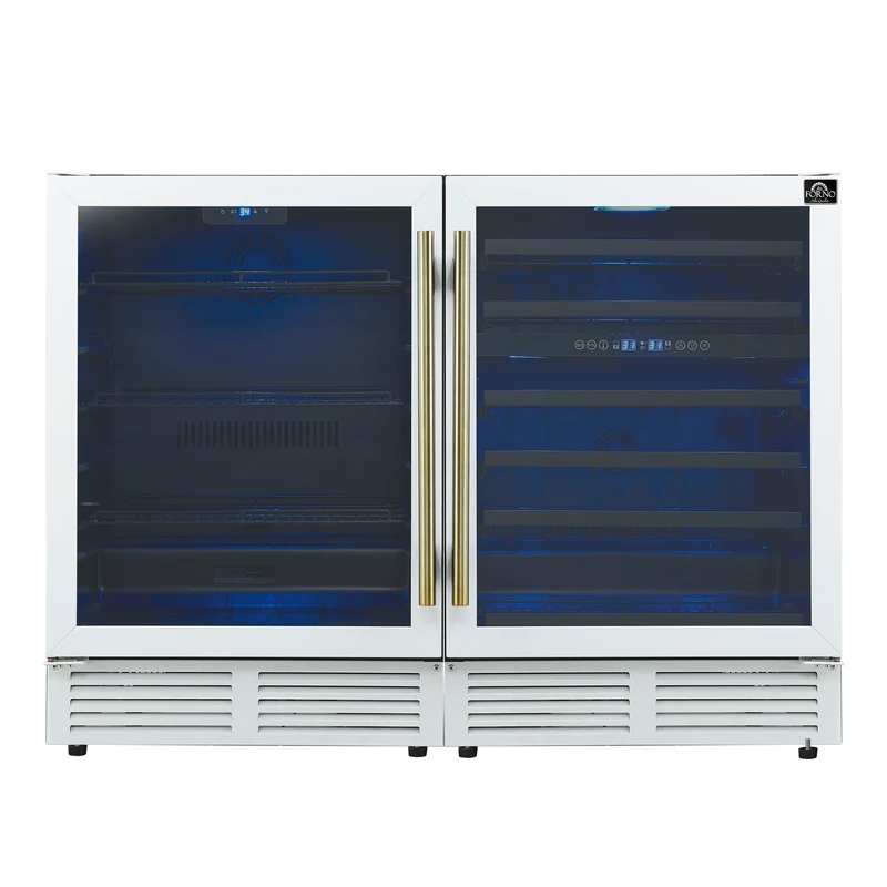 Gemello 48 Inch Side-by-Side Wine and Beverage Cooler in White with Antique Brass Handles, French Door, 9.6 cu. ft.