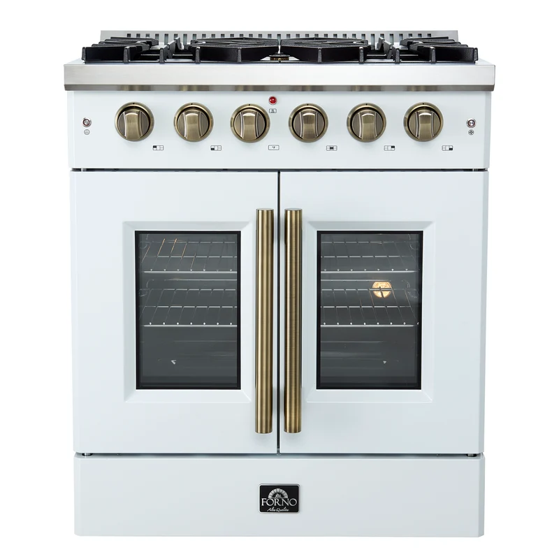 Forno Galiano 30-inch French Door Gas Range White with Antique Brass Design, 5 Burners, 68,000 BTU, 4.32 cu.ft. Convection Oven