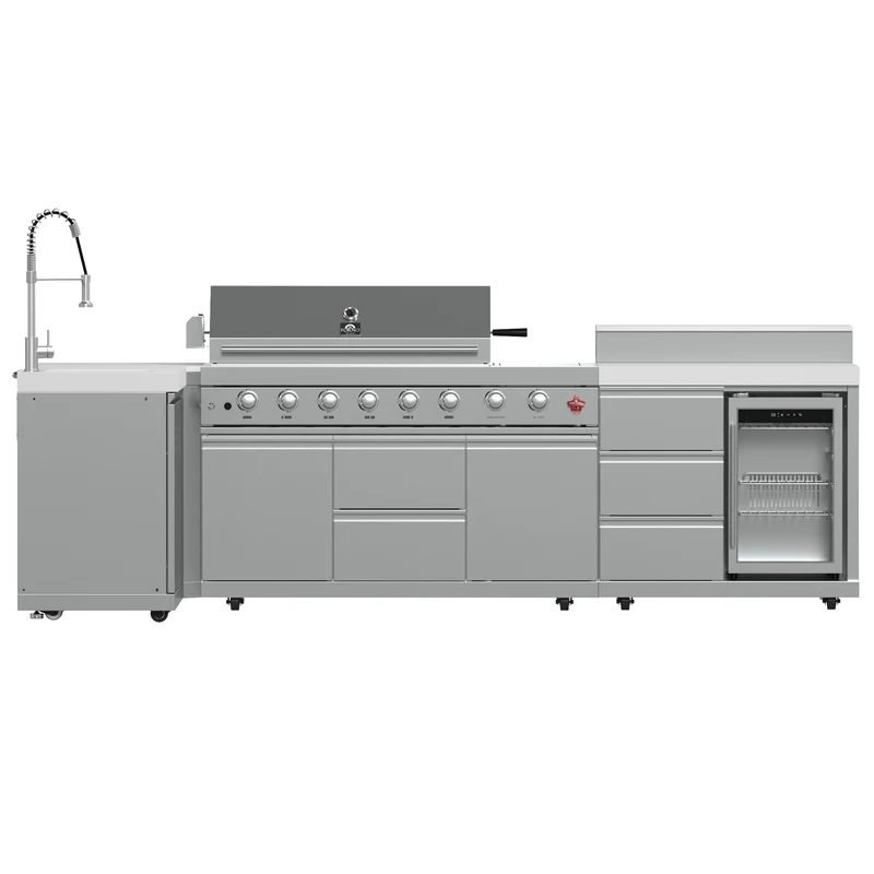 FORNO Bulnes 40-Inch BBQ, 95,000 BTU, 5 Burners, Sear & Rotisserie Infrared with Side Burner, Stainless Steel Outdoor Kitchen with 1.8 cu.ft. Beverage Center & White Sintered Stone Countertops
