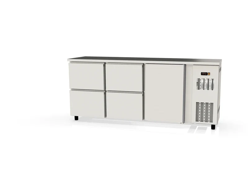 Table réfrigérée de bar Coreco PROFI 1/4 en acier inoxydable avec 1 porte et 4 tiroirs