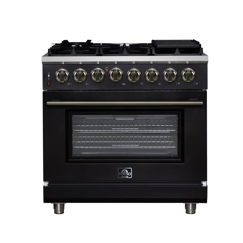Forno Massimo 36 Inch Freestanding Dual Fuel Range in Black with Antique Brass Accessories, 6 Burners, 5.36 cu. ft. Convection Oven