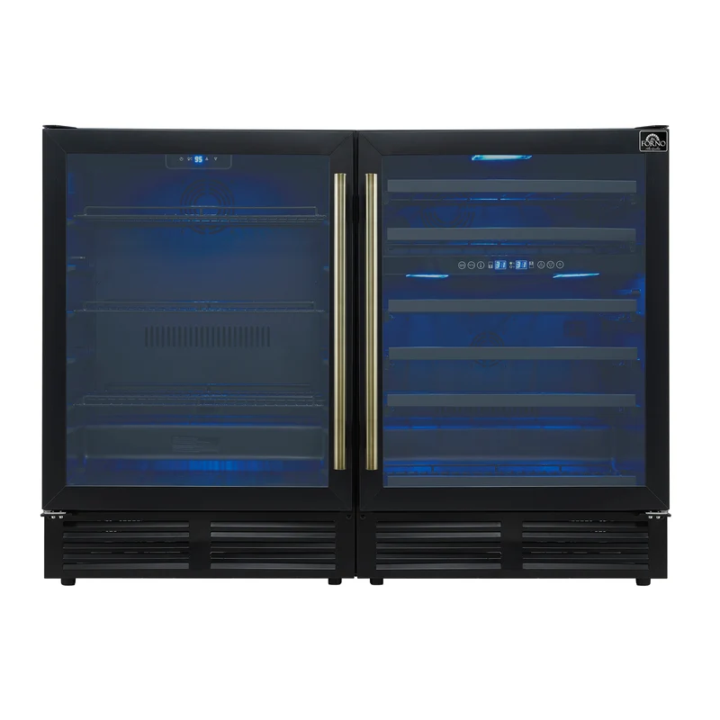 Gemello 48 Inch Side-by-Side Wine and Beverage Cooler in Black with Antique Brass Handles, French Door, 9.6 cu. ft.