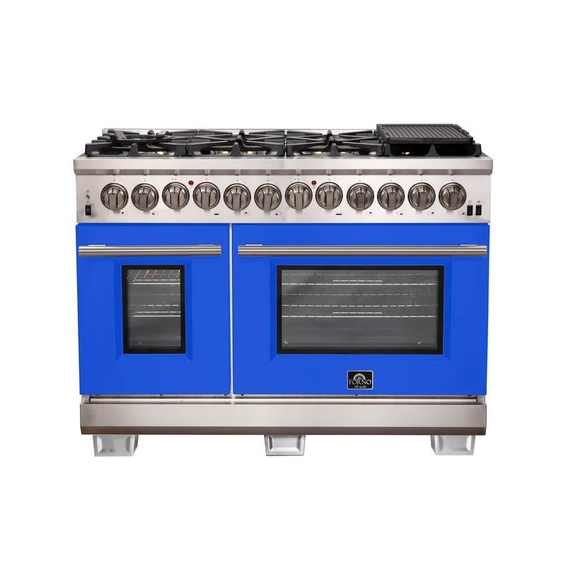 Forno Capriasca 48-Inch Freestanding Dual Fuel Range, 8 Burners, True Convection Oven, Blue Doors