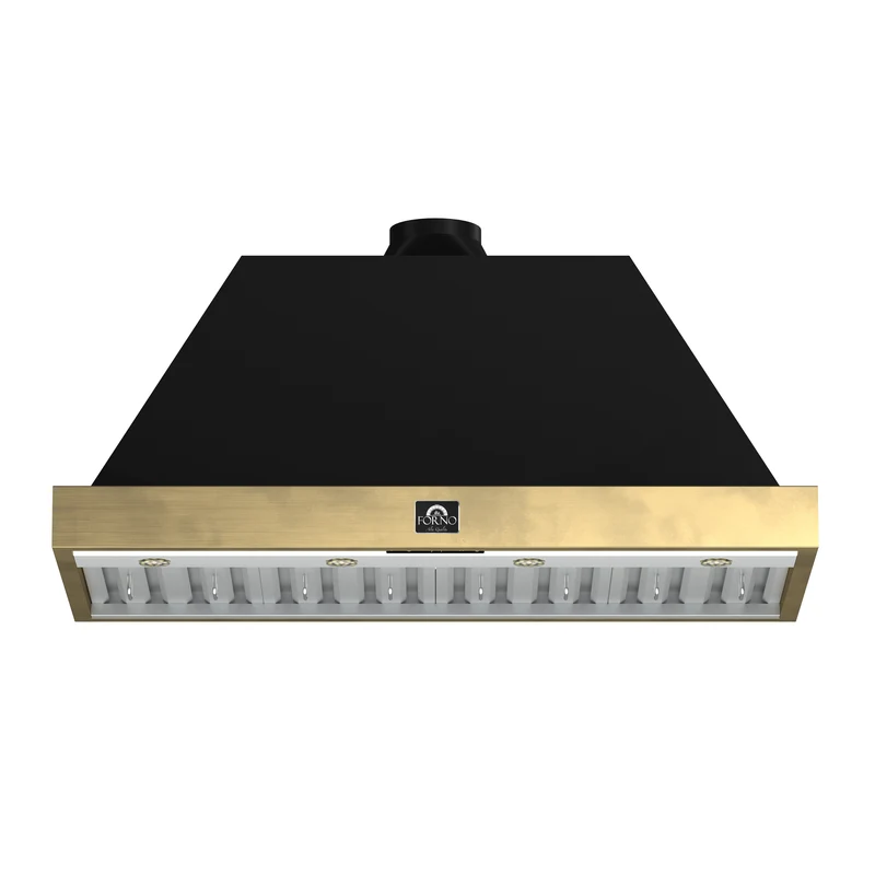 Forno Vittorio 48-Inch Wall Mount Range Hood, Black with Antique Brass Trim, 600 CFM Airflow, Dishwasher-Safe Baffle Filters, Remote Control, 3-Speed Fan, Bright LED Lighting.