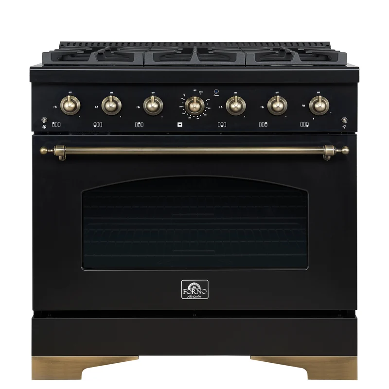 Forno Antico 36-Inch Freestanding Gas Range, Black, Antique Brass Design, 6 Burners, Convection Oven, Energy Efficient