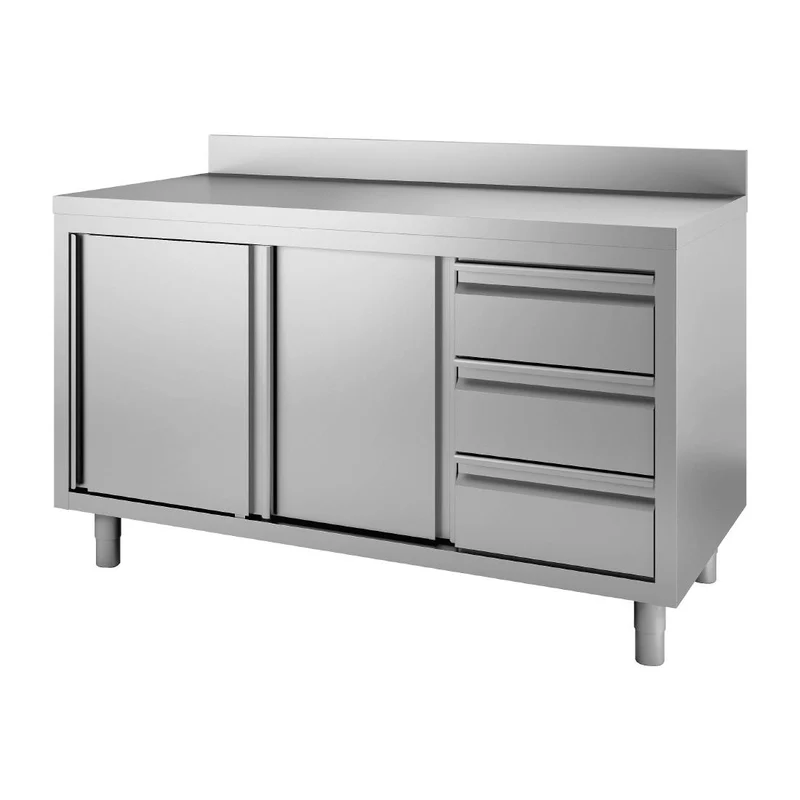 Table armoire inox avec dosseret 3 tiroirs à droite et portes à charnières Gastro M 850/900x1000x700mm