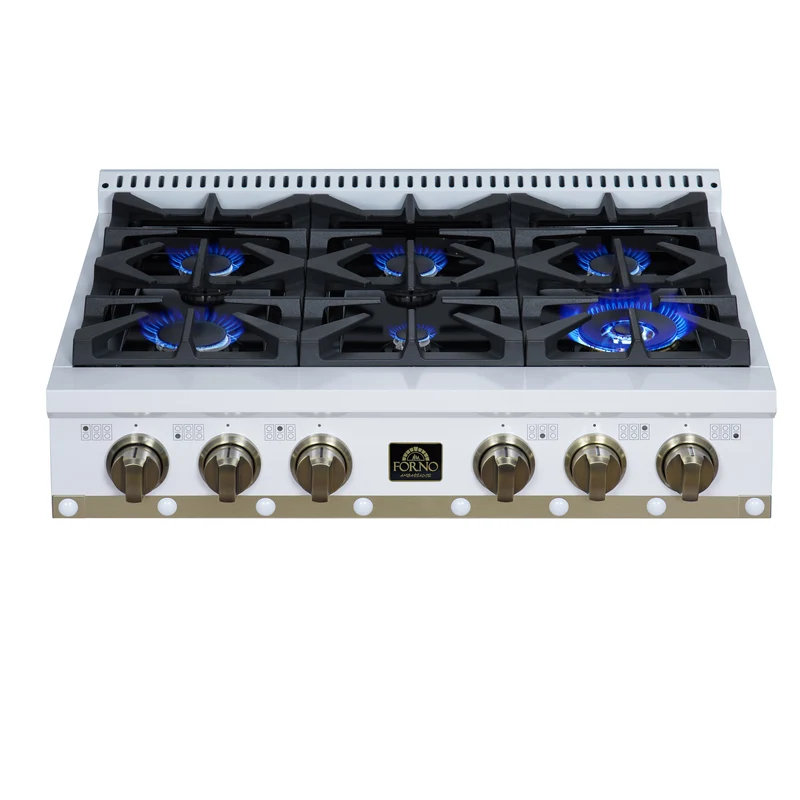 Ambassador 36" Gas Cooktop in White, 6 Sealed burners, 71,000 BUT Output, 1 Antique Brass Dual-Ring Burner, Continuous Cast Iron Grates