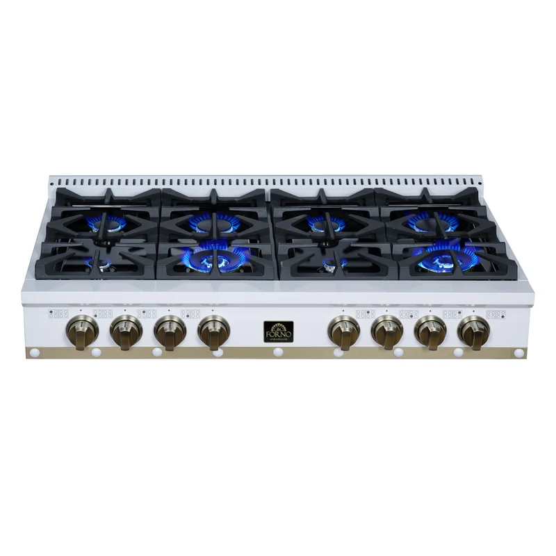 Ambassador 48" Gas Cooktop in White, 8 Sealed burners, 94,000 BUT Output, 2 Antique Brass Dual-Ring Burners, Continuous Cast Iron Grates