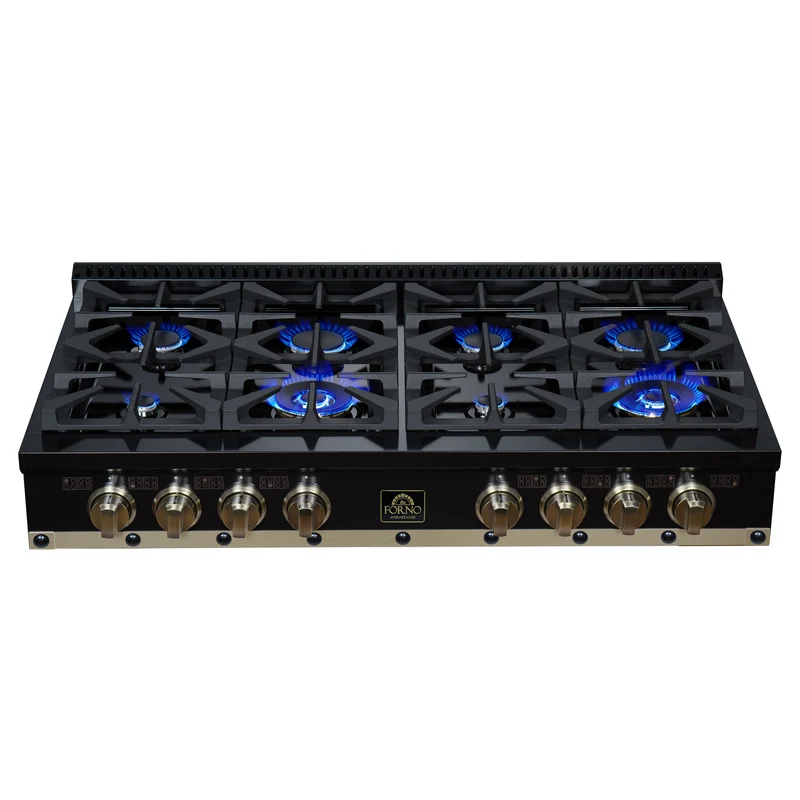 Ambassador 48" Gas Cooktop in Black, 8 Sealed burners, 94,000 BUT Output, 2 Antique Brass Dual-Ring Burners, Continuous Cast Iron Grates