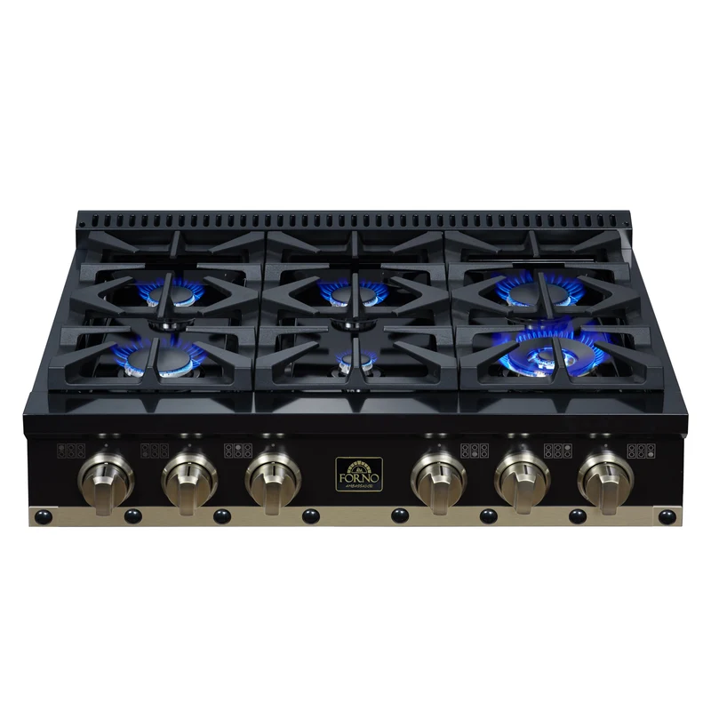 Ambassador 36" Gas Cooktop in Black, 6 Sealed burners, 71,000 BUT Output, 1 Antique Brass Dual-Ring Burner, Continuous Cast Iron Grates