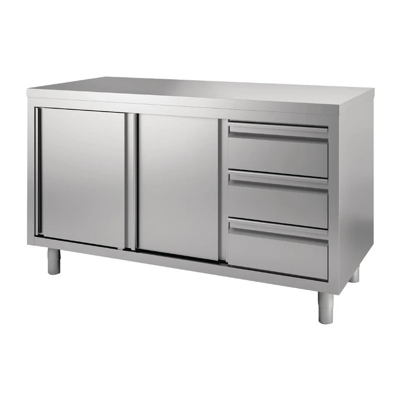 Table armoire inox avec portes coulissantes et 3 tiroirs à droite Gastro M 1500 x 700 x 850/900mm