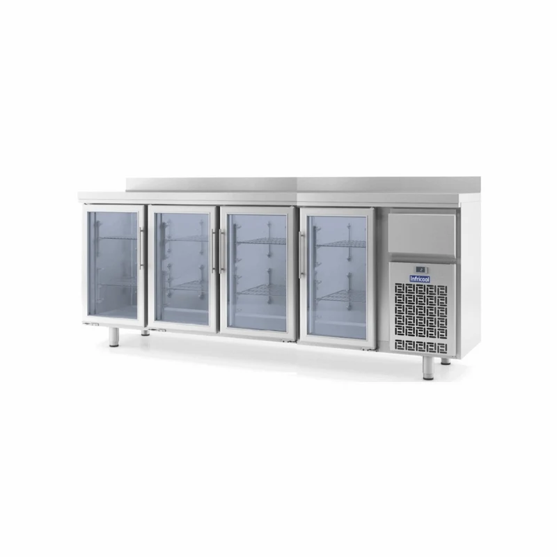 Arrière-bar réfrigéré en inox 4 portes vitrées - 730L