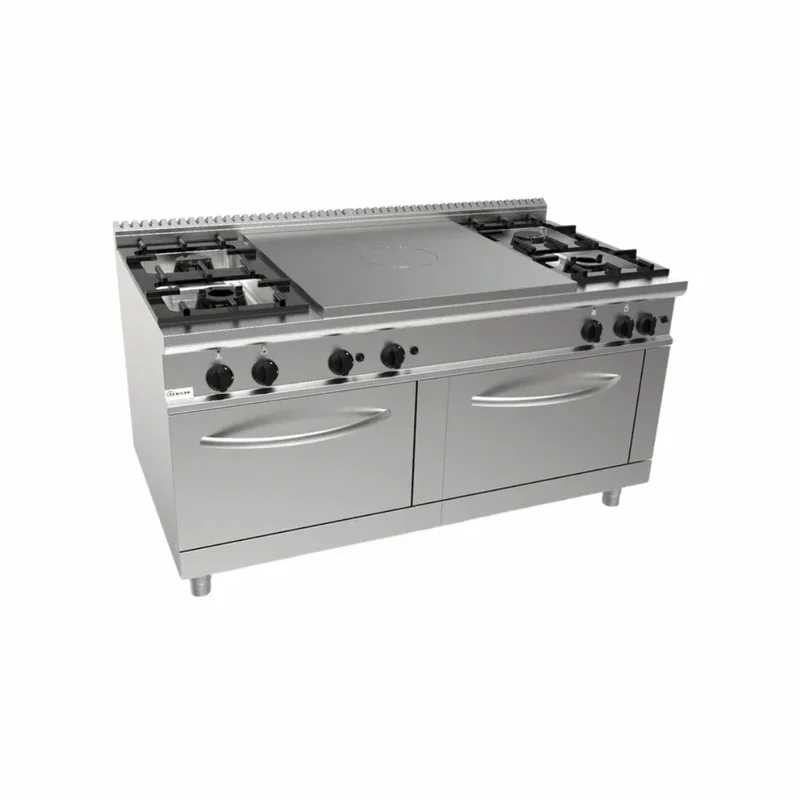 Cuisinière 4 feux + plaque coup de feu à gaz sur 2 fours gaz
