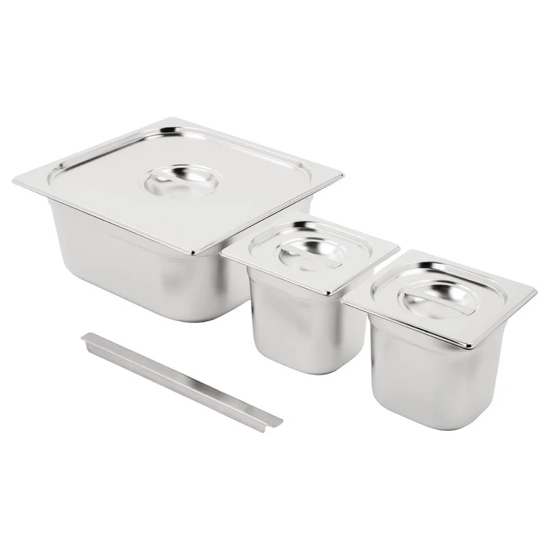 Ensemble de bacs GN 2 x 1/6 et 2/3 inox avec couvercles Vogue