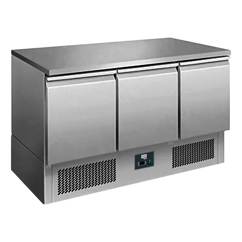 Saladette réfrigérée centrale, dessus inox fixe, 3 portes, +2/+8°c
