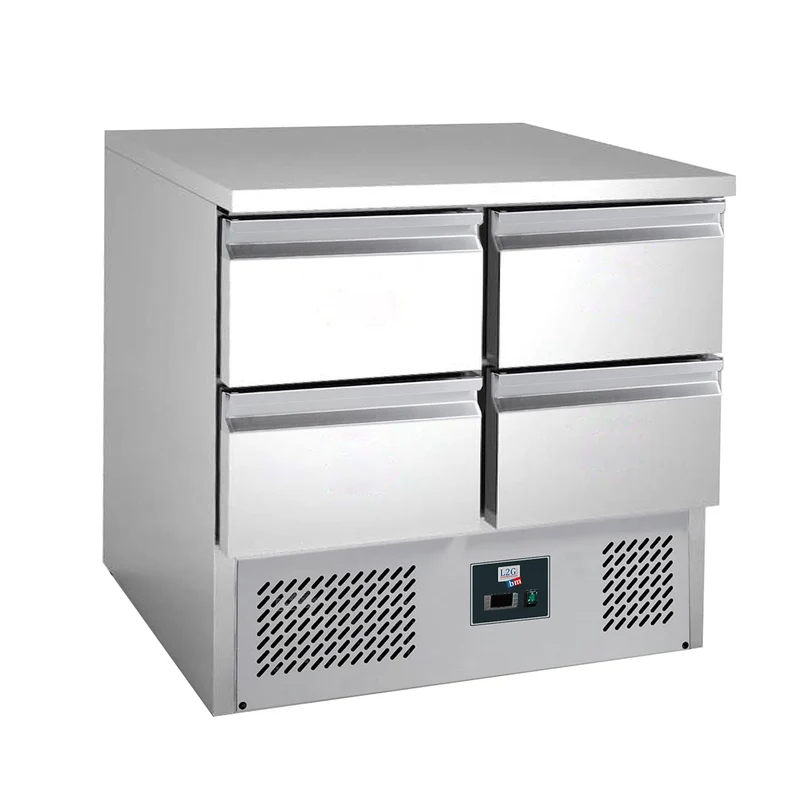 Saladette réfrigérée centrale, dessus inox fixe, 4 tiroirs, +2/+8°c