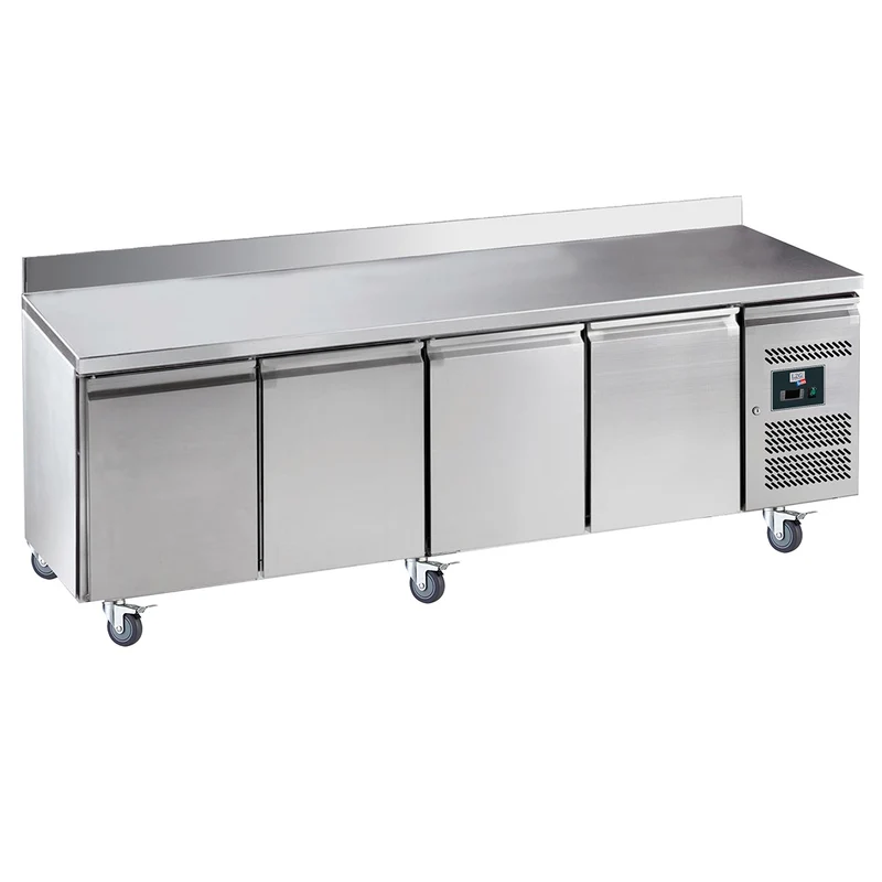 Desserte réfrigérée inox centrale avec dosseret, 4 portes, GN1/1, -2/+8°c