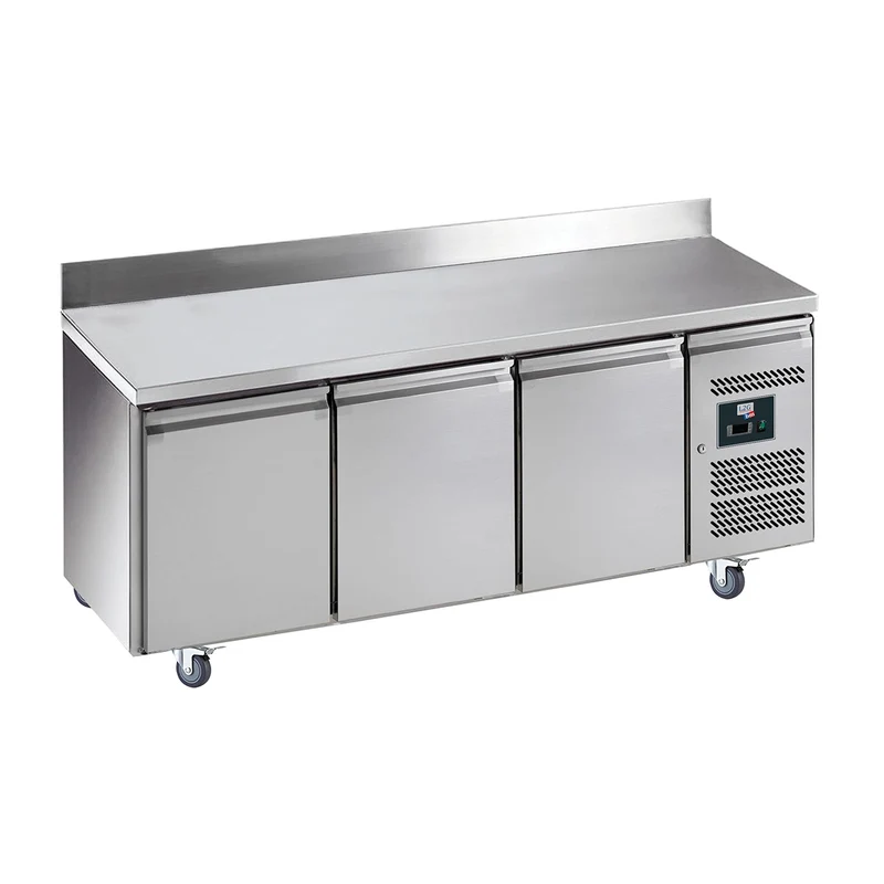 Desserte réfrigérée inox centrale avec dosseret, 3 portes, GN1/1, -2/+8°c