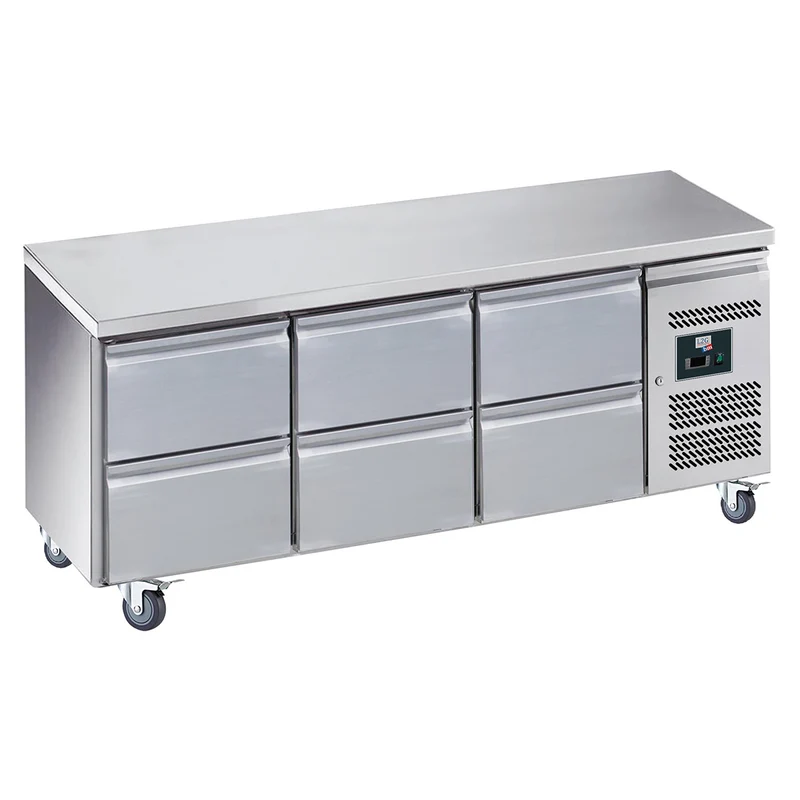 Desserte réfrigérée inox centrale, 3x2 tiroirs, GN1/1, -2/+8°c