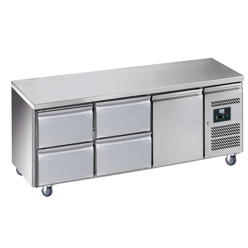 Desserte réfrigérée inox centrale, 1 porte 4 tiroirs, GN1/1, -2/+8°c