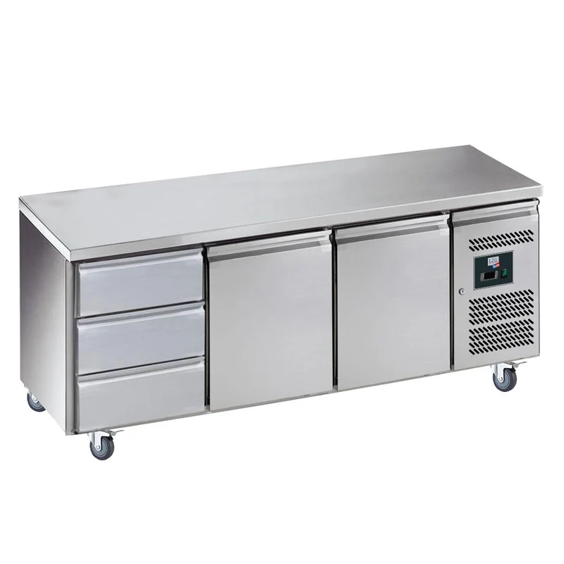 Desserte réfrigérée inox centrale, 2 portes 3 tiroirs, GN1/1, -2/+8°c
