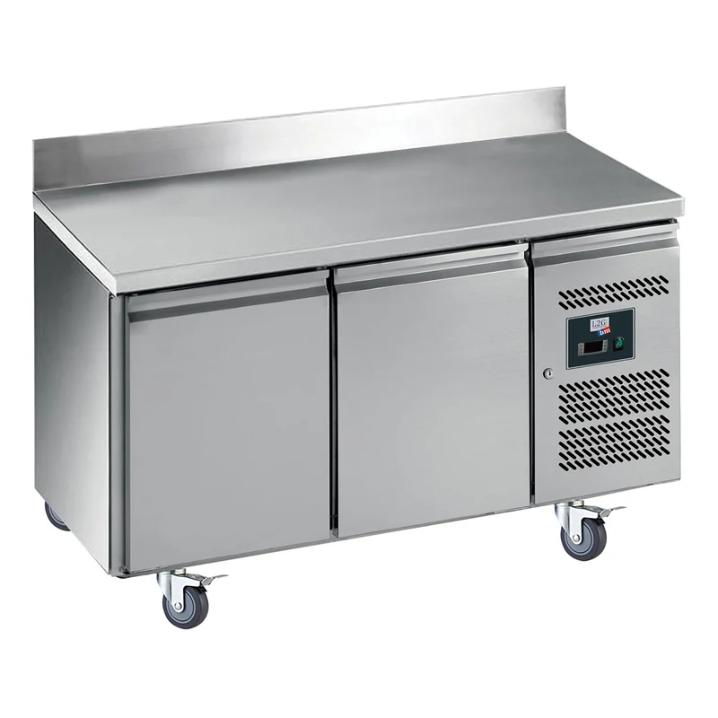 Desserte réfrigérée inox centrale avec dosseret, 2 portes, GN1/1, -2/+8°c
