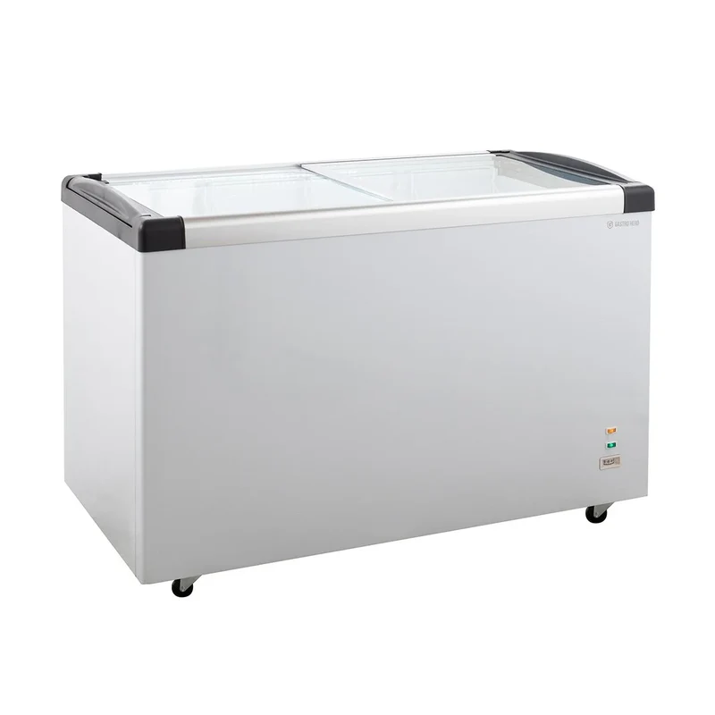 Congélateur coffre ECO 450 avec couvercle coulissant en verre, 4 roulettes