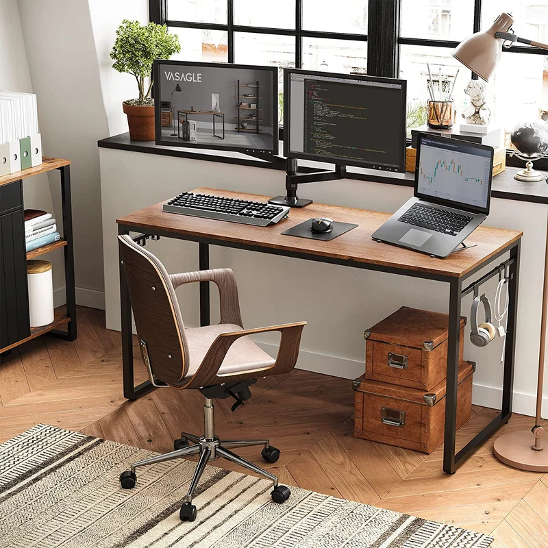 VASAGLE 55 Computer Desk Writing Desk Office Desk with 8 Hooks For Study Home Office Walnut Brown and Black