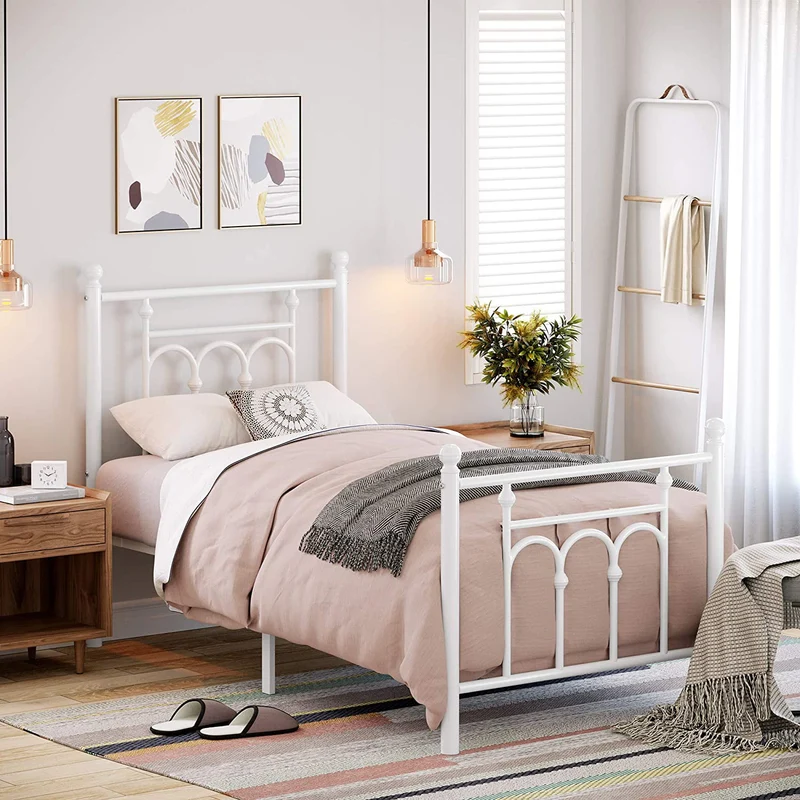 VASAGLE Twin Size Metal Bed Frame with Headboard, Footboard,No Box Spring Needed, Pearl White