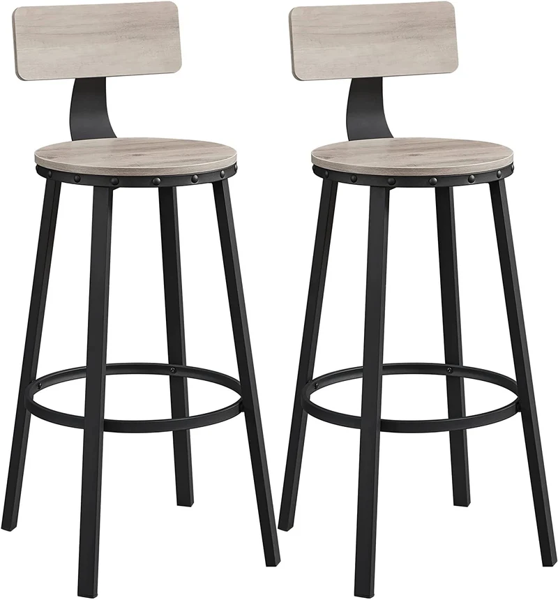 VASAGLE Tall Bar Stools, Set of 2 Bar Chairs, Rustic Greige and Black