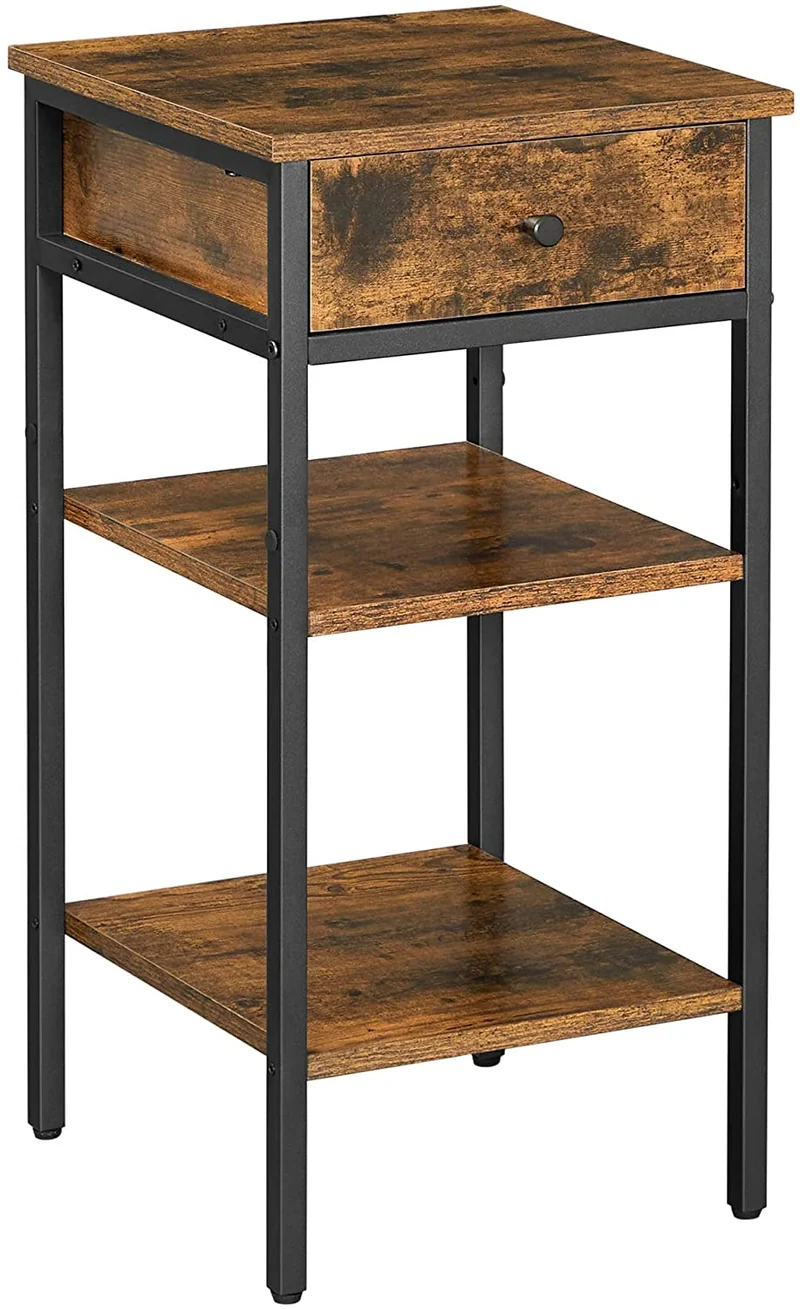 VASAGLE End Table, Side Table, Industrial Nightstand with 1 Drawer and 2 Shelves, Rustic Brown