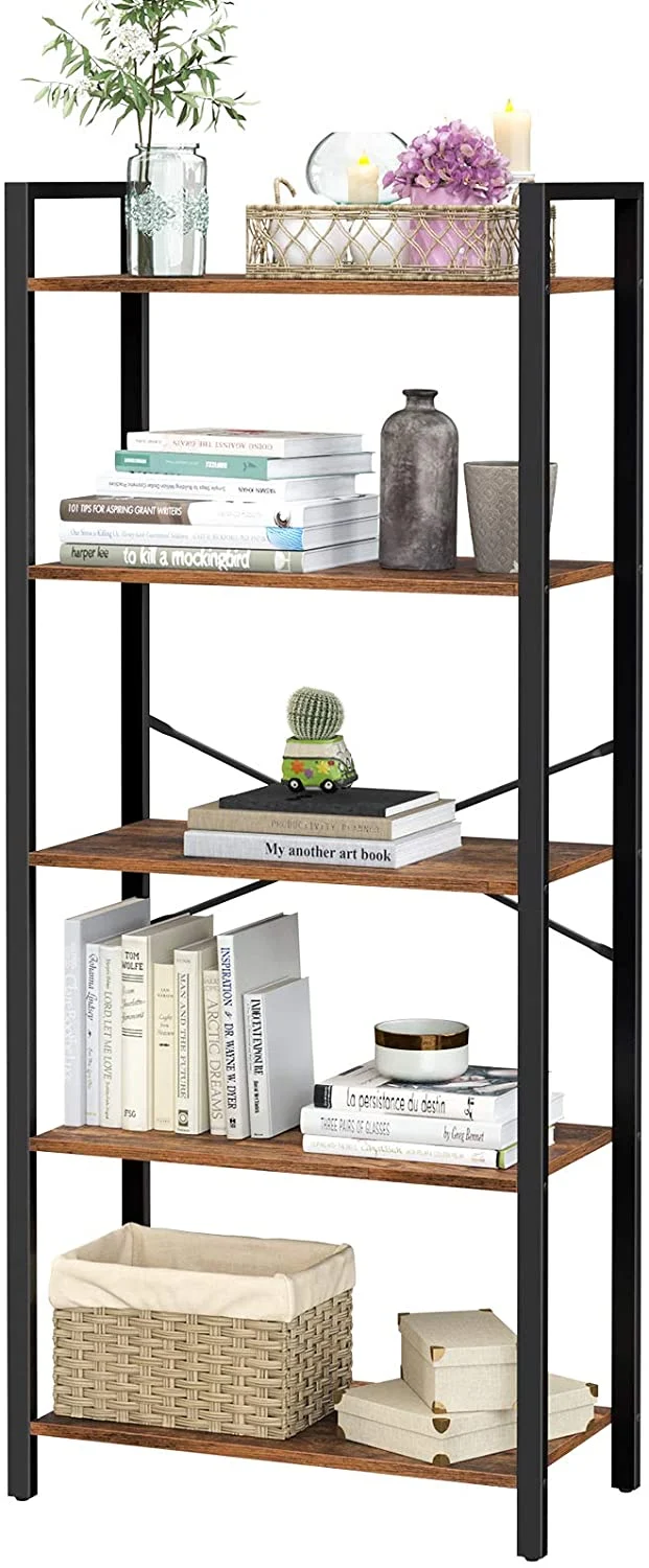 VASAGLE 5-Tier Bookshelf, Storage Rack with Steel Frame, Rustic Brown and Black